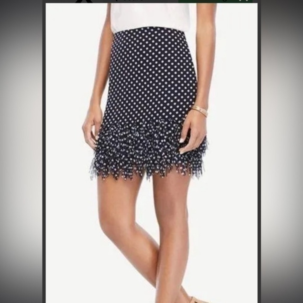 Ann Taylor Navy Blue Polka Dot‎ Fringe Skirt Size 2